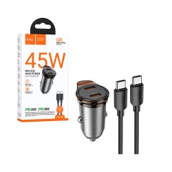Carregador de Carro Hoco NZ16B Rigorous 2 Portas Tipo-C PD60W com cabo Tipo C para Tipo C 1m Cinza Metálico